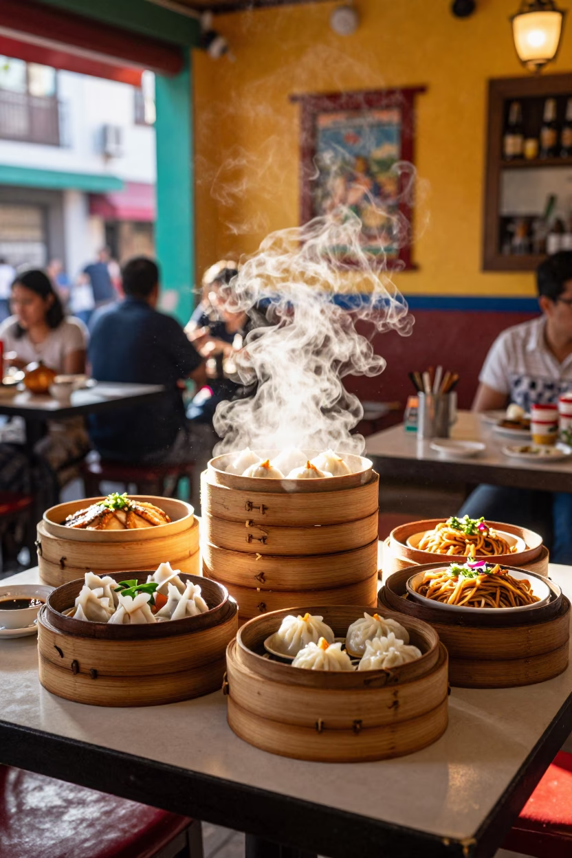 Colorful Mexican Restaurant Interior with Dim Sum Steamers and Local Dining Atmosphere in in Mexico City, Mexico