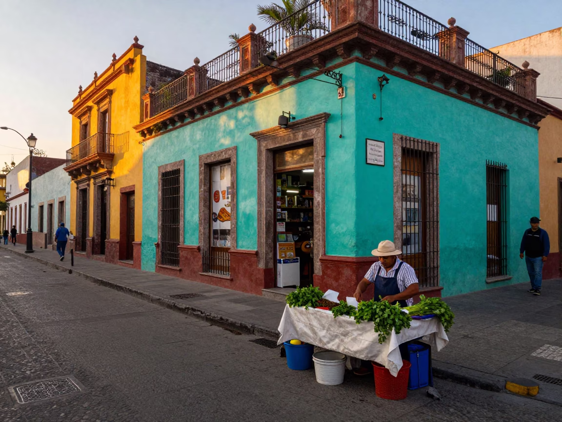 Colorful Mexico City Evening Street Scene with Local Vendors and Urban Details in in Mexico City, Mexico