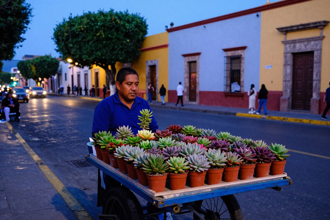 Colorful Mexico City Evening Street Scene with Succulents and Local Life in in Mexico City, Mexico
