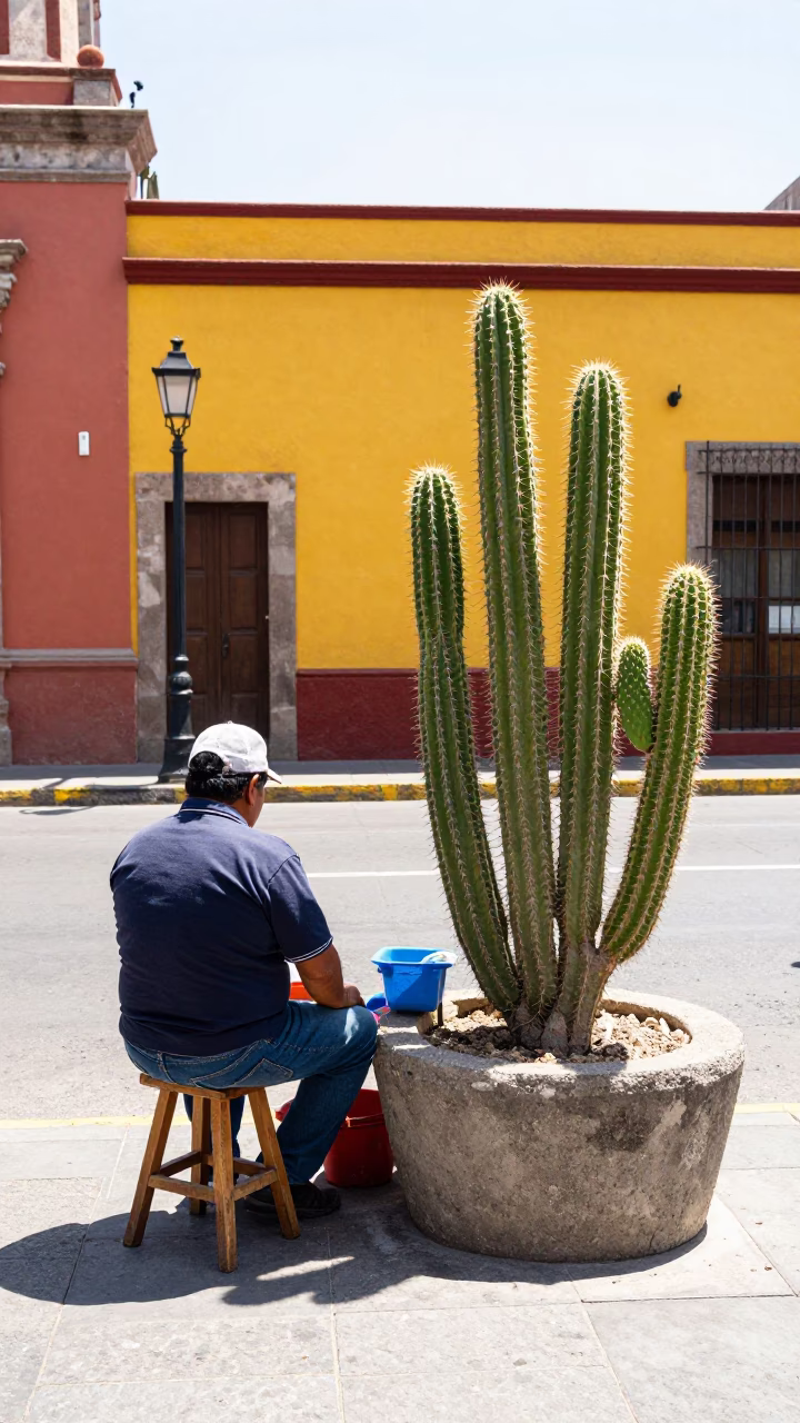 Colorful Mexico City Street Corner with Prickly Pear Cactus and Stool Under Noon Sun in in Mexico City, Mexico