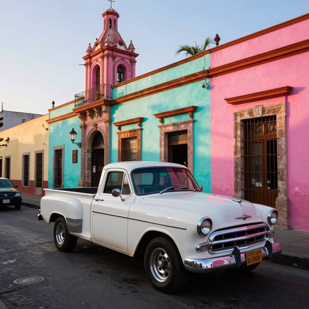 Colorful Mexico City Street Scene After Sunrise with Vintage Car and Street Vendor in in Mexico City, Mexico