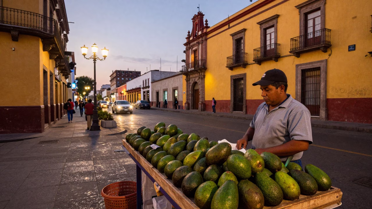 Colorful Mexico City Street Scene at Dusk with Avocados and Urban Life in in Mexico City, Mexico
