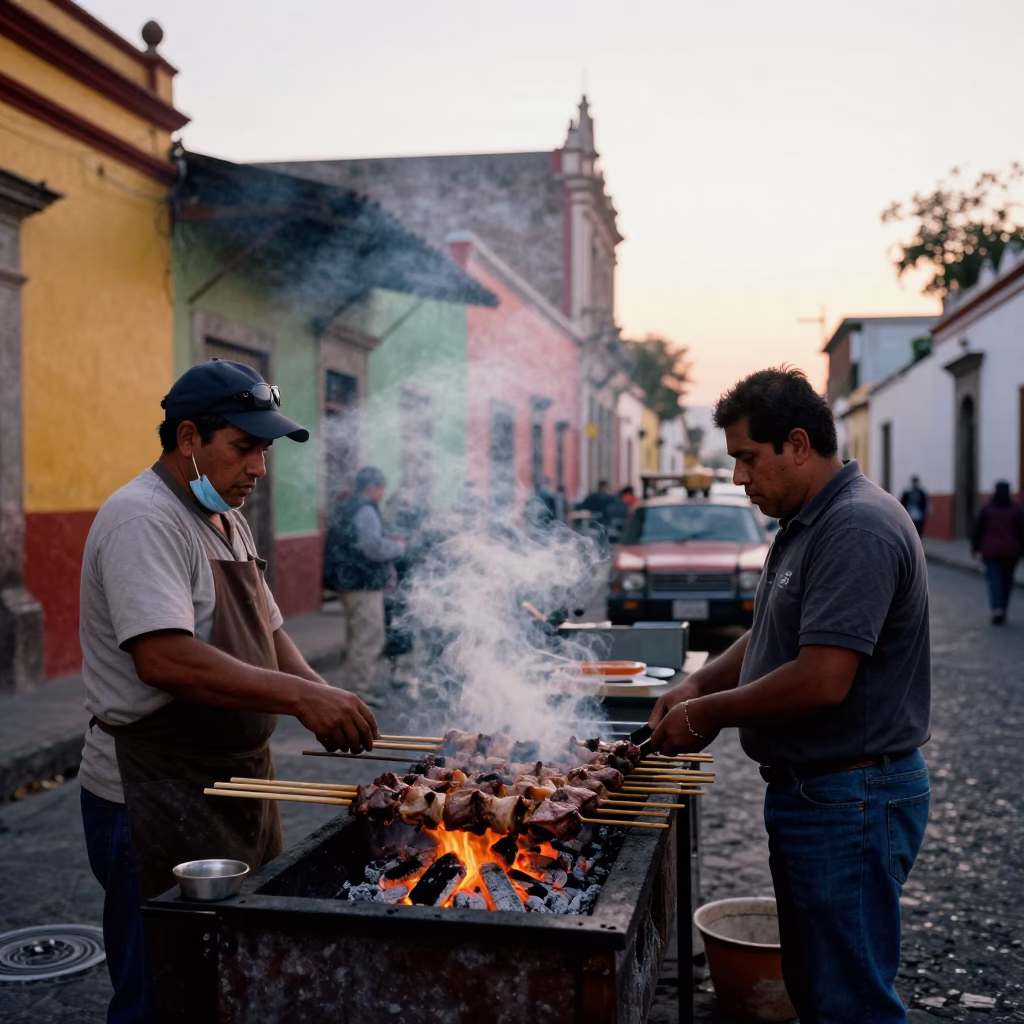 Colorful Mexico City Street Scene with Kebab Grill and Local Morning Activity in in Mexico City, Mexico