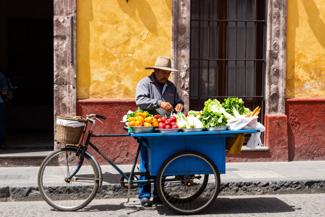 Colorful Mexico City Street Vendor Noon Light Vintage Bicycle and Local Commerce in in Mexico City, Mexico