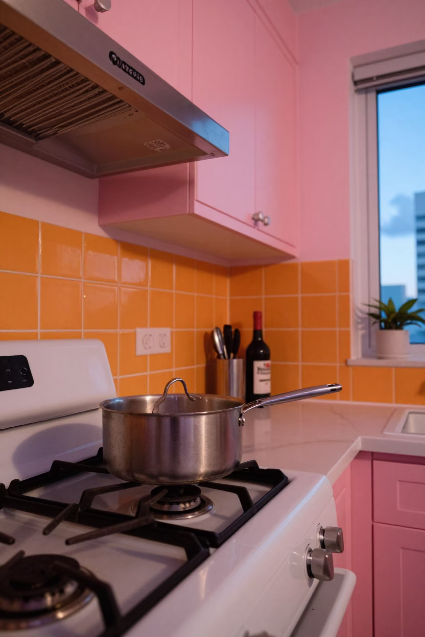 Colorful Miami Florida Early Evening Kitchen Scene with Saucepan and Bowl in in Miami, Florida, United States
