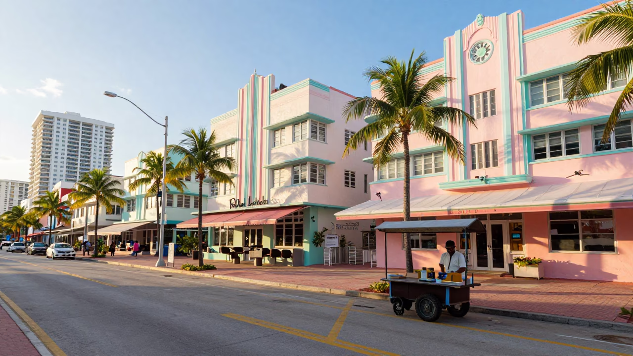 Colorful Miami Street Scene Just After Sunrise with Vintage Details in in Miami, Florida, United States