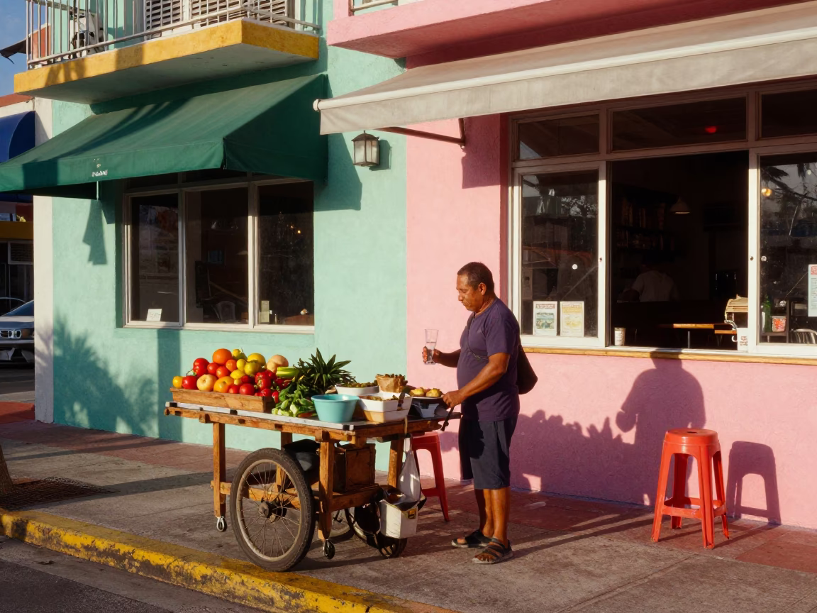 Colorful Miami Street Scene with Local Vendor and Glass Jar at Dawn in in Miami, Florida, United States