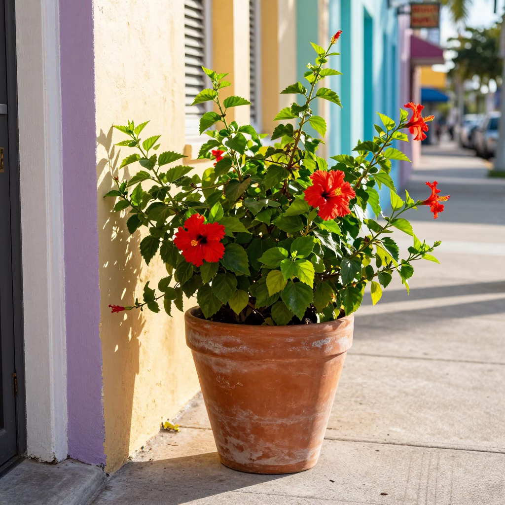 Colorful Miami Street Scene with Terracotta Pot and Mezcal Glass at Sunrise in in Miami, Florida, United States