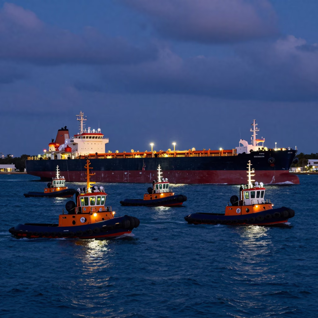 Colorful Miami Tugboat Fleet Guiding Tanker at Night in Indigo Twilight in in Miami, Florida, United States