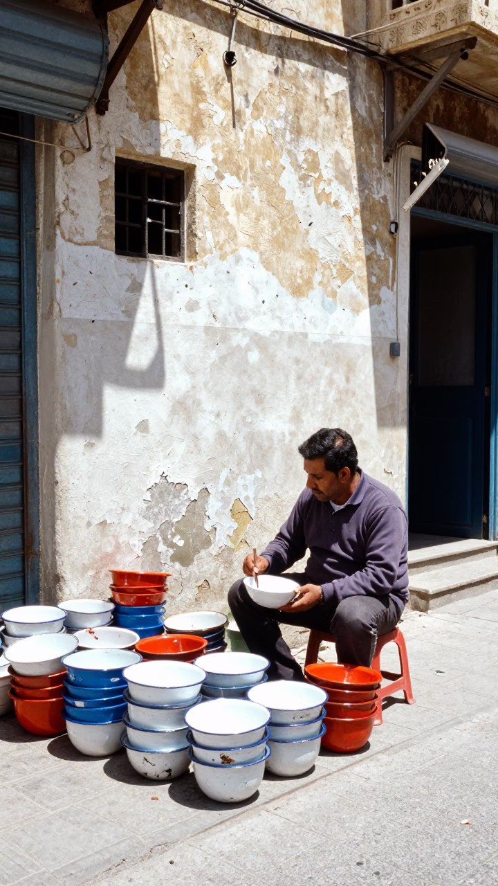 Colorful Midday Beirut Street Scene with Enamel Bowls and Paint Flecks in in Beirut, Lebanon