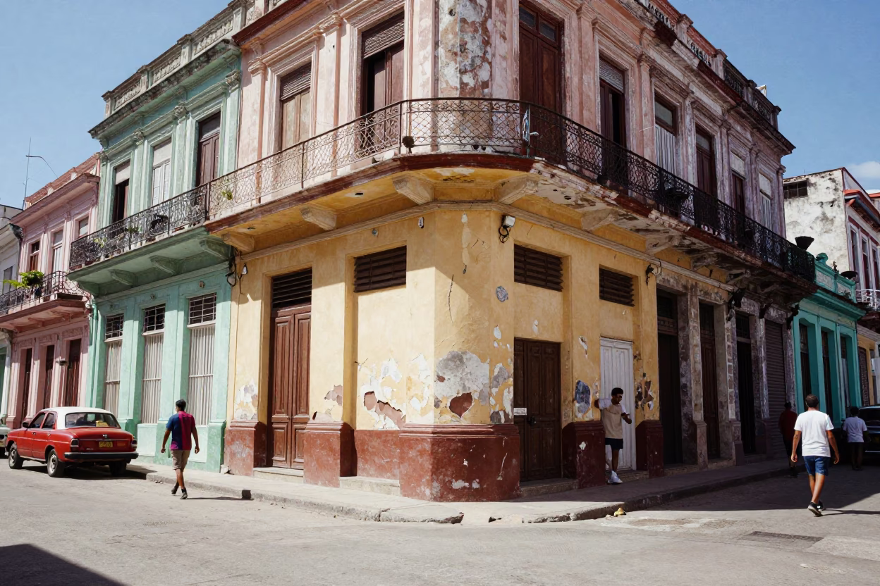 Colorful Midday Havana Street Scene with Peeling Plaster and Bougainvillea in in Havana, Cuba