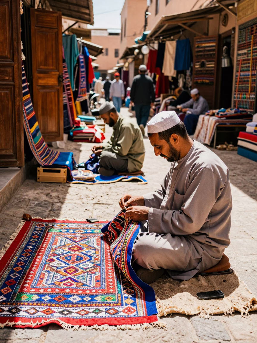Colorful Midday Market Scene in Marrakech Morocco with Artisan and Wooden Crate in in Marrakech, Morocco