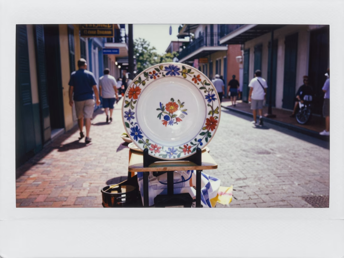 Colorful Midday New Orleans Street Scene with Porcelain Plate and Skillet in French Quarter in in New Orleans, Louisiana, United States