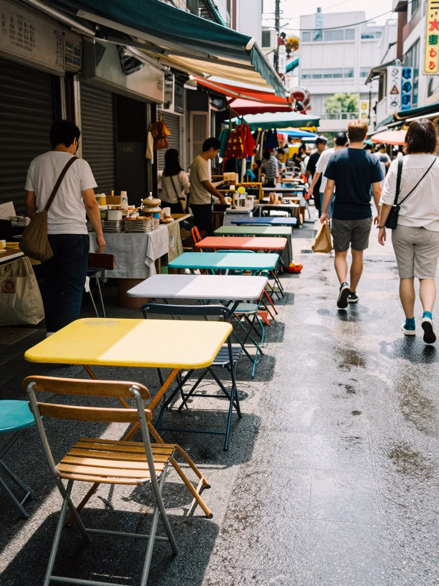 Colorful Midday Osaka Street Scene with Vintage Folding Tables and Local Market Activity in in Osaka, Japan