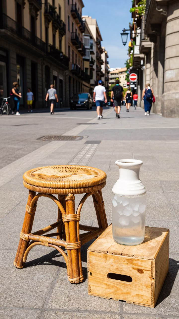 Colorful Midday Street Scene in Barcelona Spain with Rattan Stool and Carafe in in Barcelona, Spain
