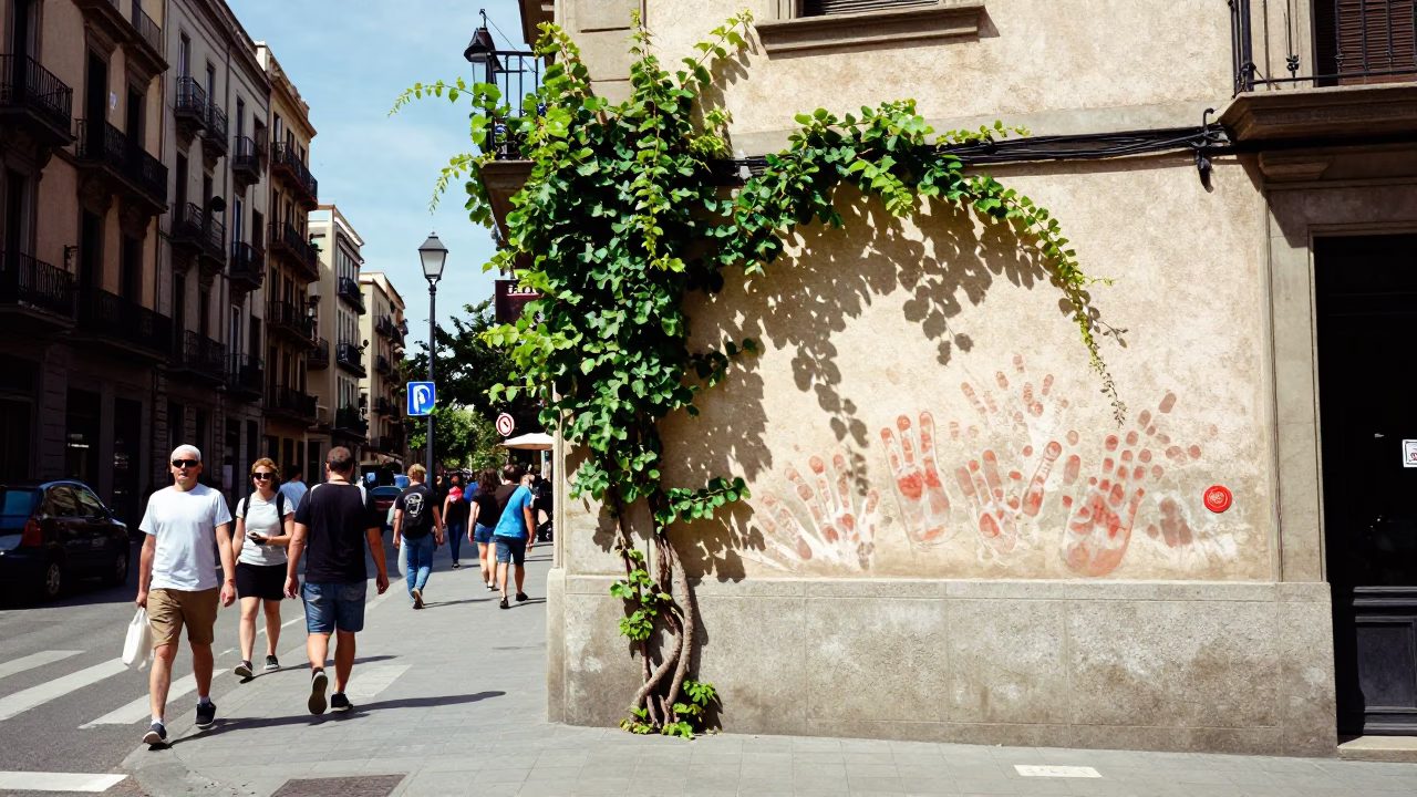 Colorful Midday Street Scene in Barcelona Spain with Vine and Fingerprints in in Barcelona, Spain