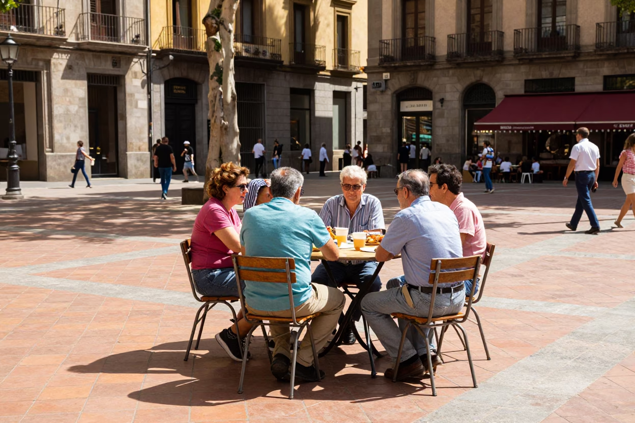 Colorful Midday Street Scene in Barcelona Spain with Vintage 1950s Aesthetic and Local Life in in Barcelona, Spain