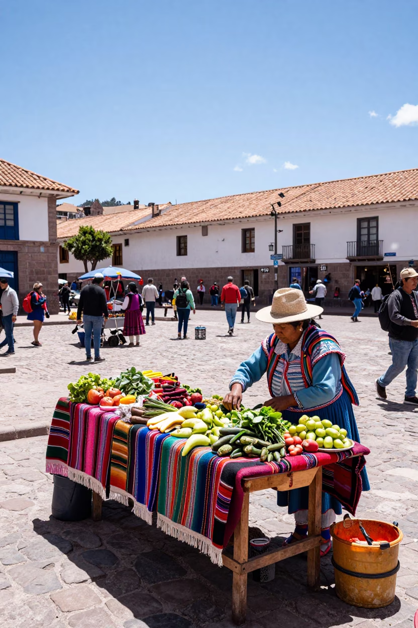 Colorful Midday Street Scene in Cusco Peru With Local Market Activity and Traditional Architecture in in Cusco, Peru