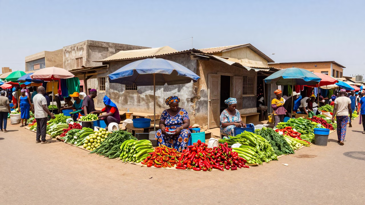 Colorful Midday Street Scene in Dakar Senegal with Local Market Activity in in Dakar, Senegal