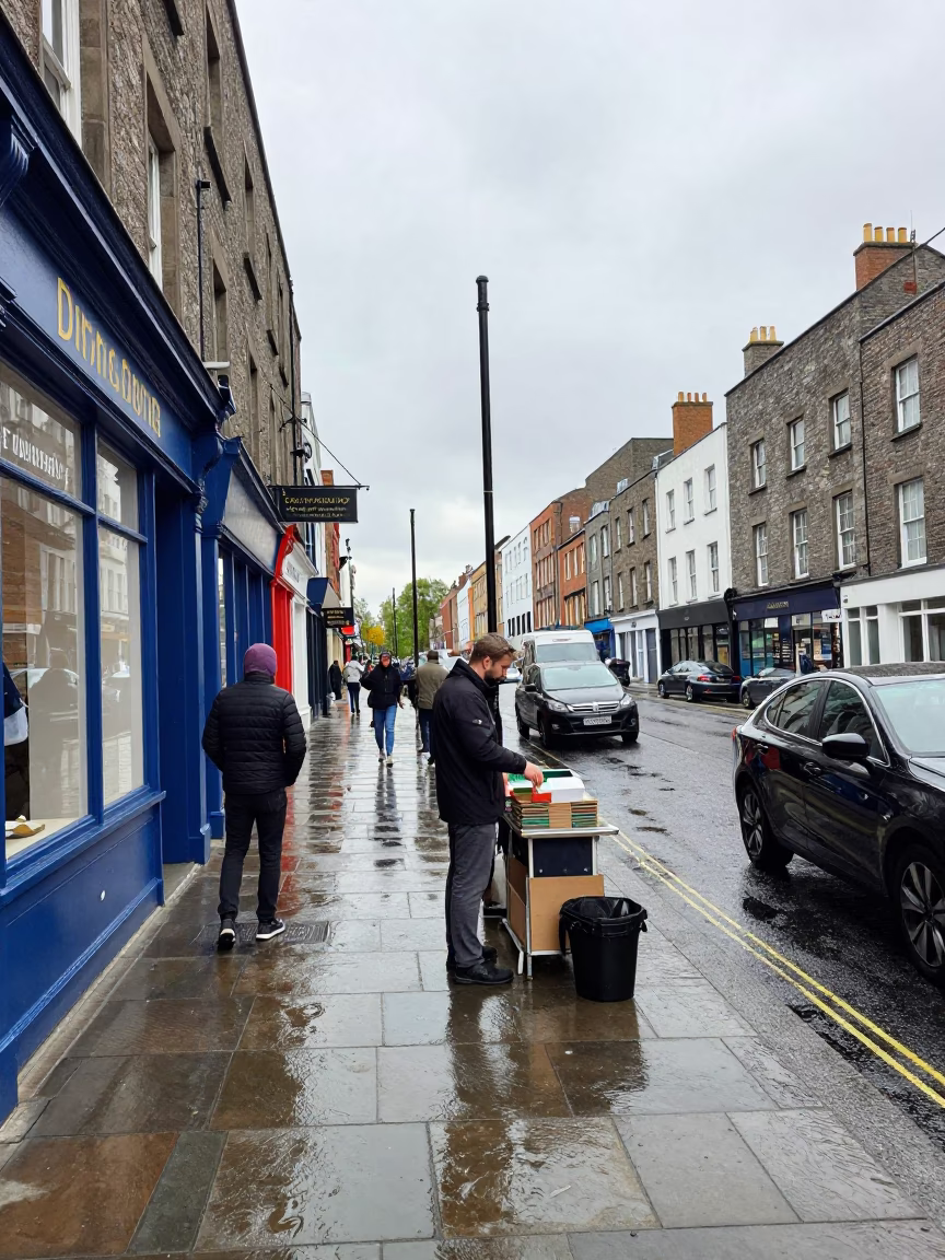 Colorful Midday Street Scene in Dublin Ireland with Rain and Local Life in in Dublin, Ireland