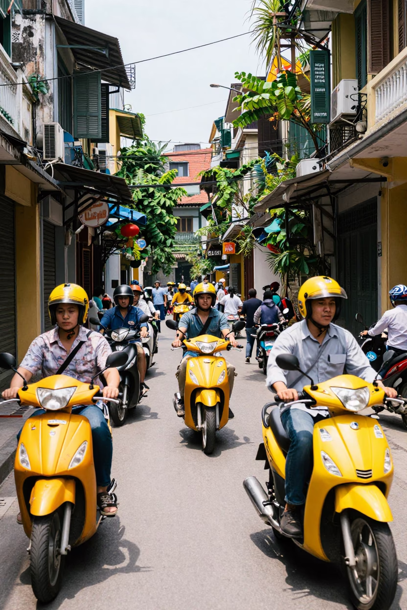 Colorful Midday Street Scene in Hanoi Vietnam with Yellow Motorbikes and Traditional Architecture in in Hanoi, Vietnam