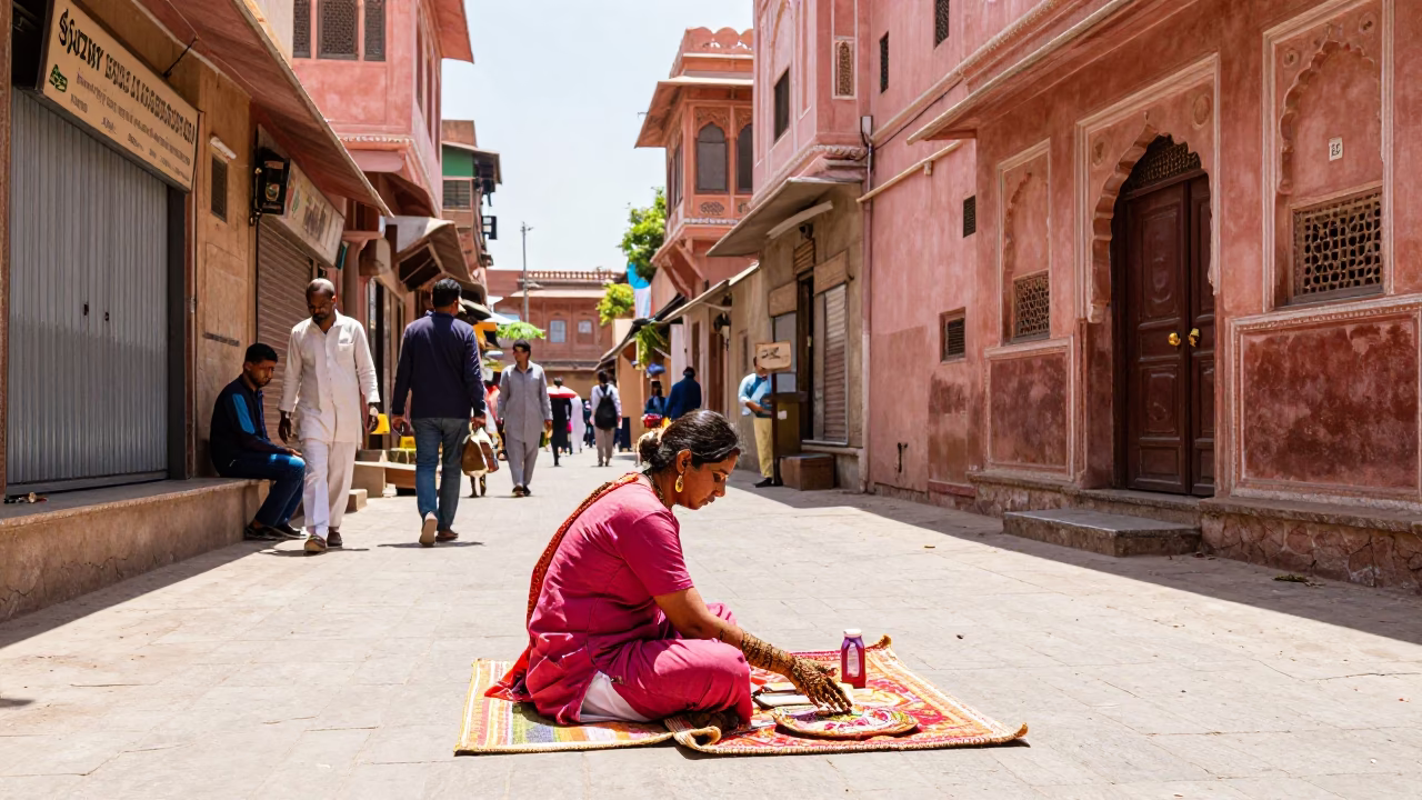 Colorful Midday Street Scene in Jaipur India with Traditional Henna Artist and Terracotta Pot in in Jaipur, India