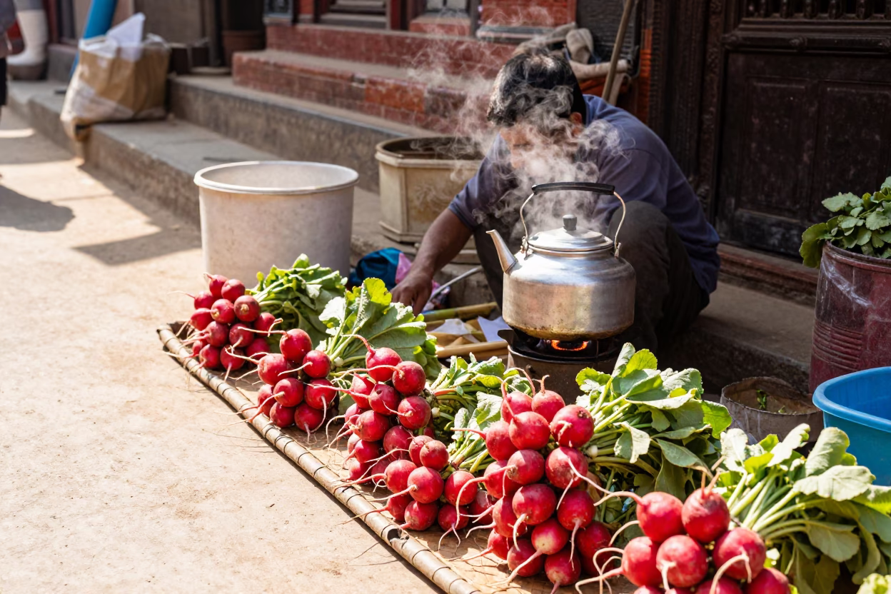 Colorful Midday Street Scene in Kathmandu Nepal with Radishes and Stovetop Kettle in in Kathmandu, Nepal