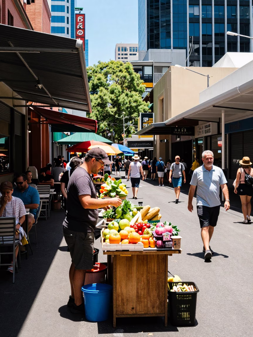 Colorful Midday Street Scene in Melbourne Victoria Australia with Local Market Activity in in Melbourne, Victoria, Australia