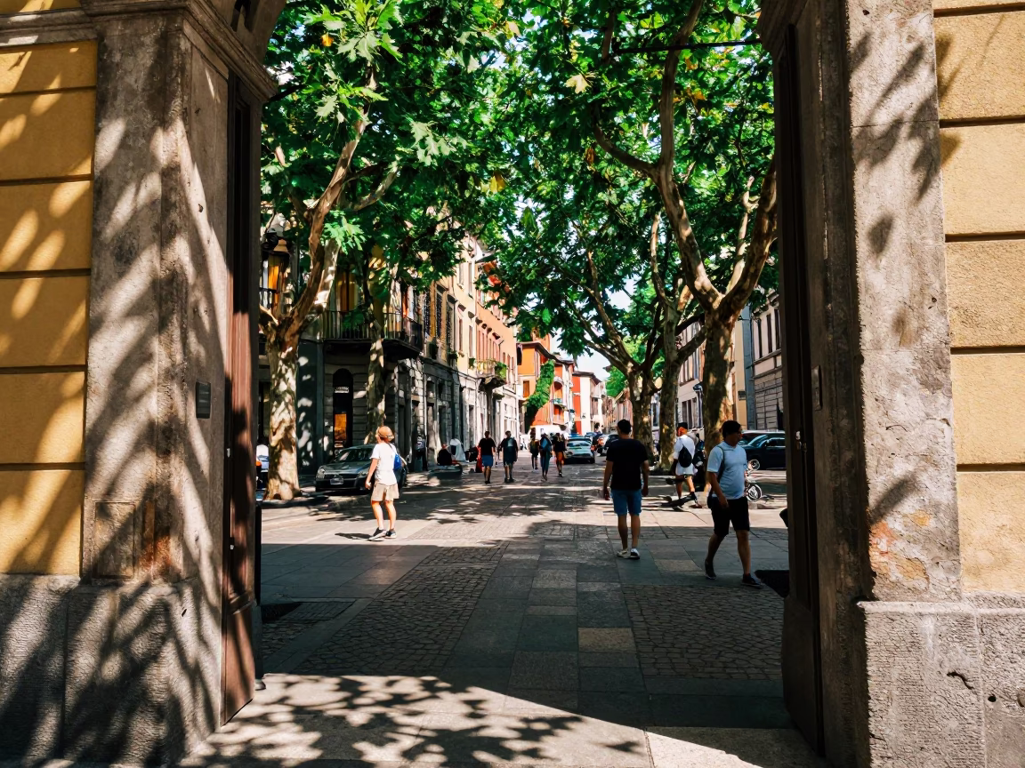Colorful Midday Street Scene in Milan Italy with Leaf Shadows and Urban Details in in Milan, Italy