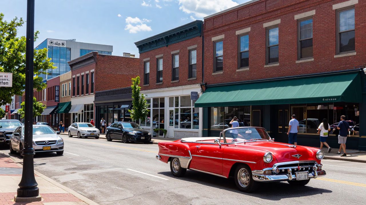Colorful Midday Street Scene in Nashville Tennessee with Vintage Cars and Neon Signs in in Nashville, Tennessee, United States