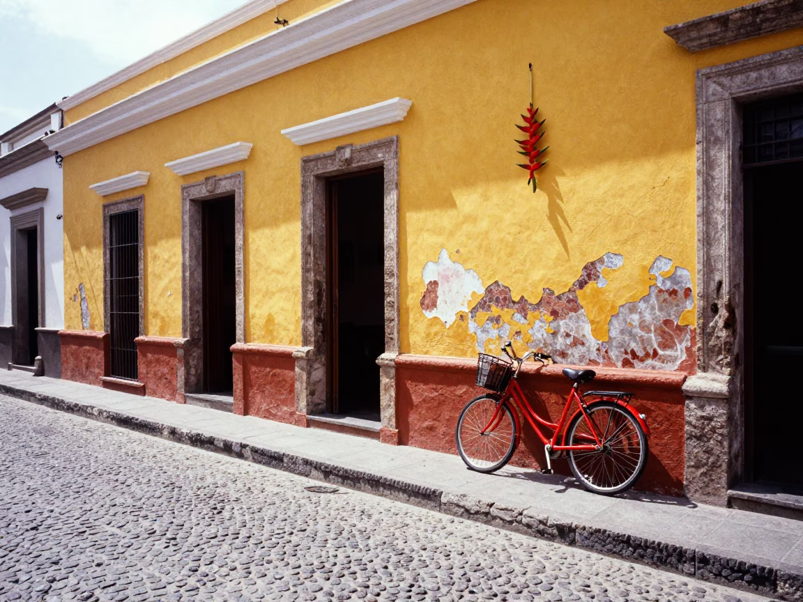 Colorful Midday Street Scene in Quito Ecuador with Heliconia and Bicycle in in Quito, Ecuador