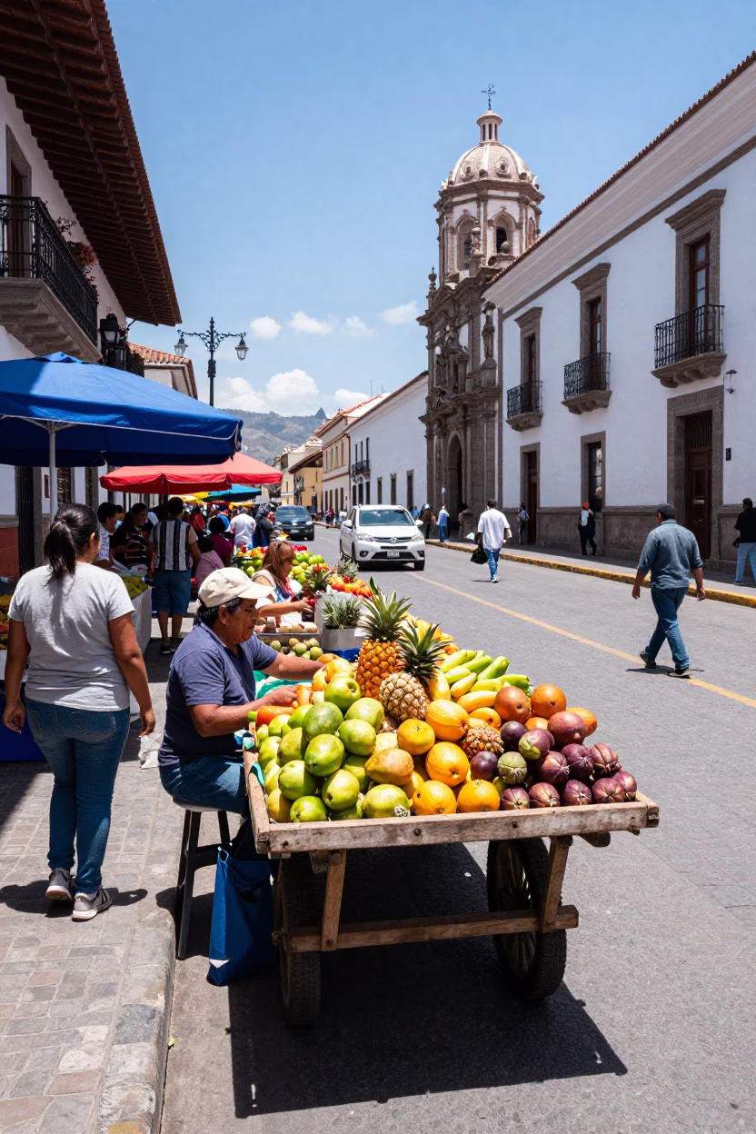 Colorful Midday Street Scene in Quito Ecuador with Local Market Activity in in Quito, Ecuador