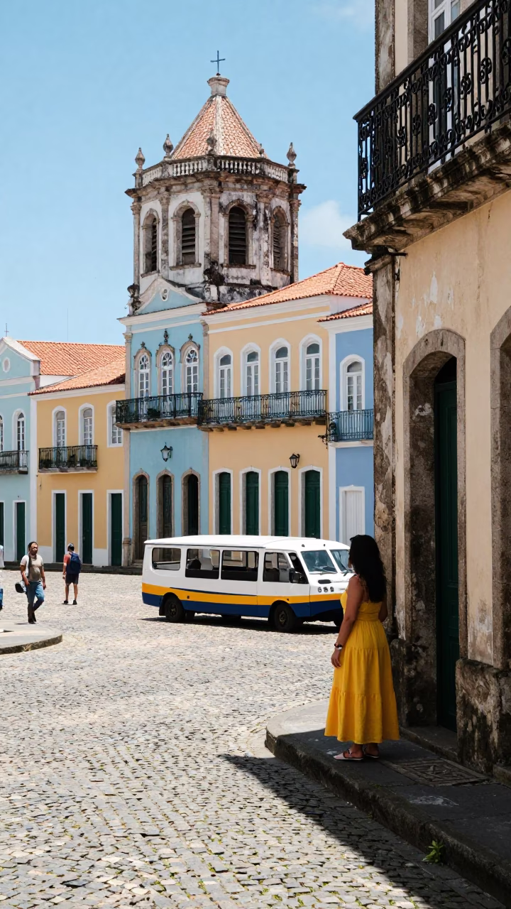 Colorful Midday Street Scene in Salvador Brazil with Water Taxi Dock in in Salvador, Brazil