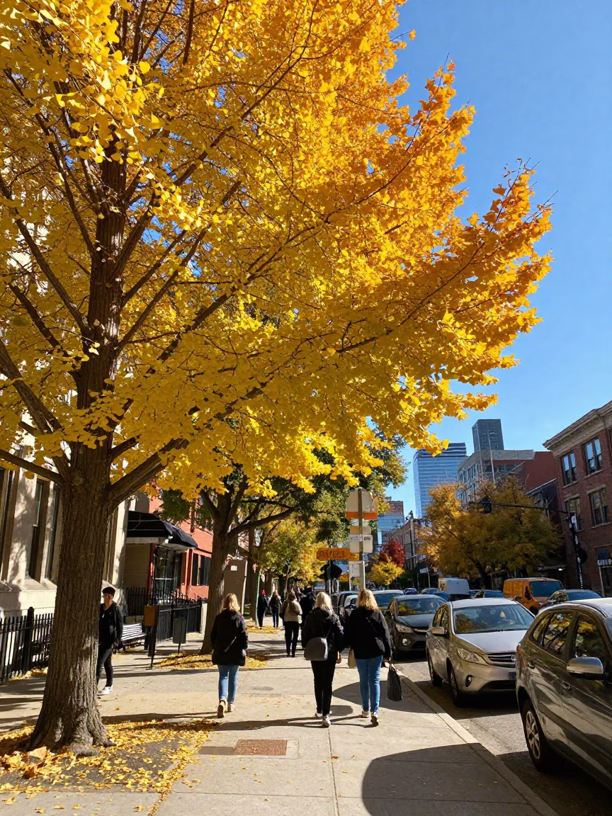 Colorful Midday Street Scene in Toronto with Ginkgo Tree and Casual Pedestrians in in Toronto, Ontario, Canada