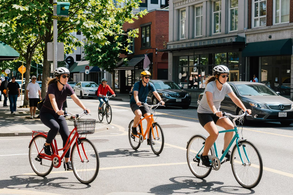 Colorful Midday Vancouver Street Scene with Cyclists and Urban Greenery in British Columbia in in Vancouver, British Columbia, Canada