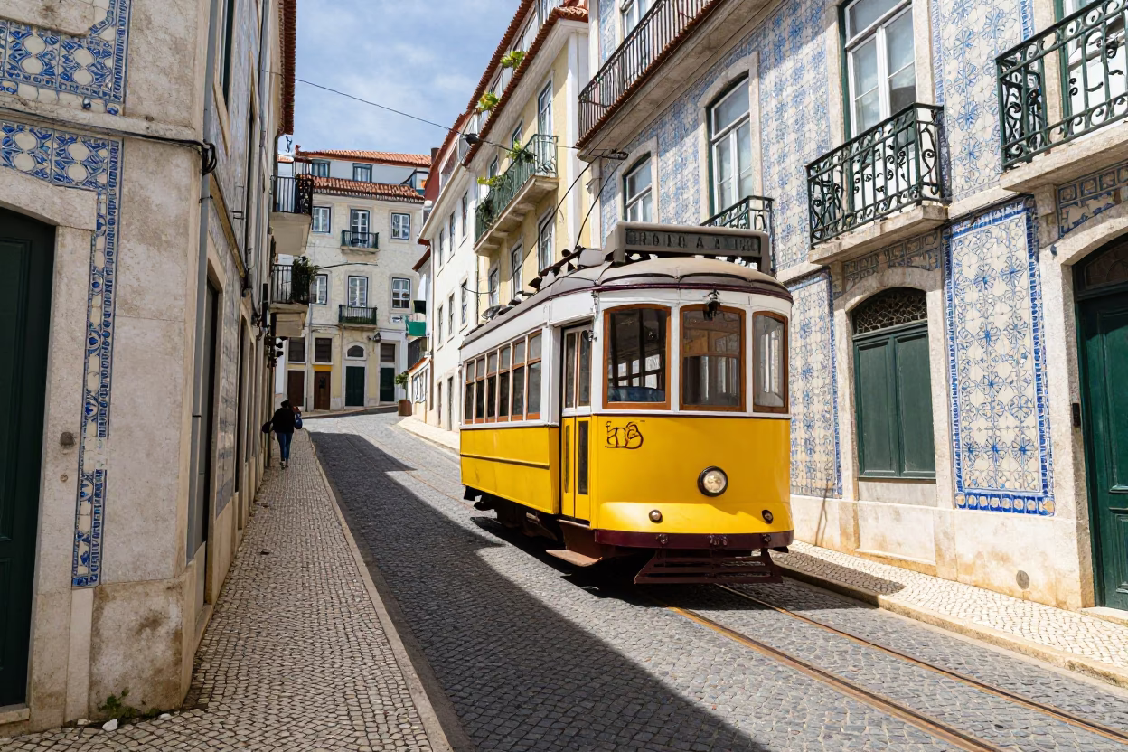Colorful Midmorning Street Scene in Lisbon Portugal with Yellow Tram and Traditional Architecture in in Lisbon, Portugal