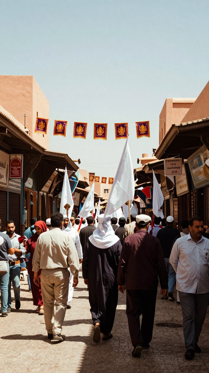 Colorful Midmorning Street Scene in Marrakech Morocco with Traditional Banners and Local Commerce in in Marrakech, Morocco