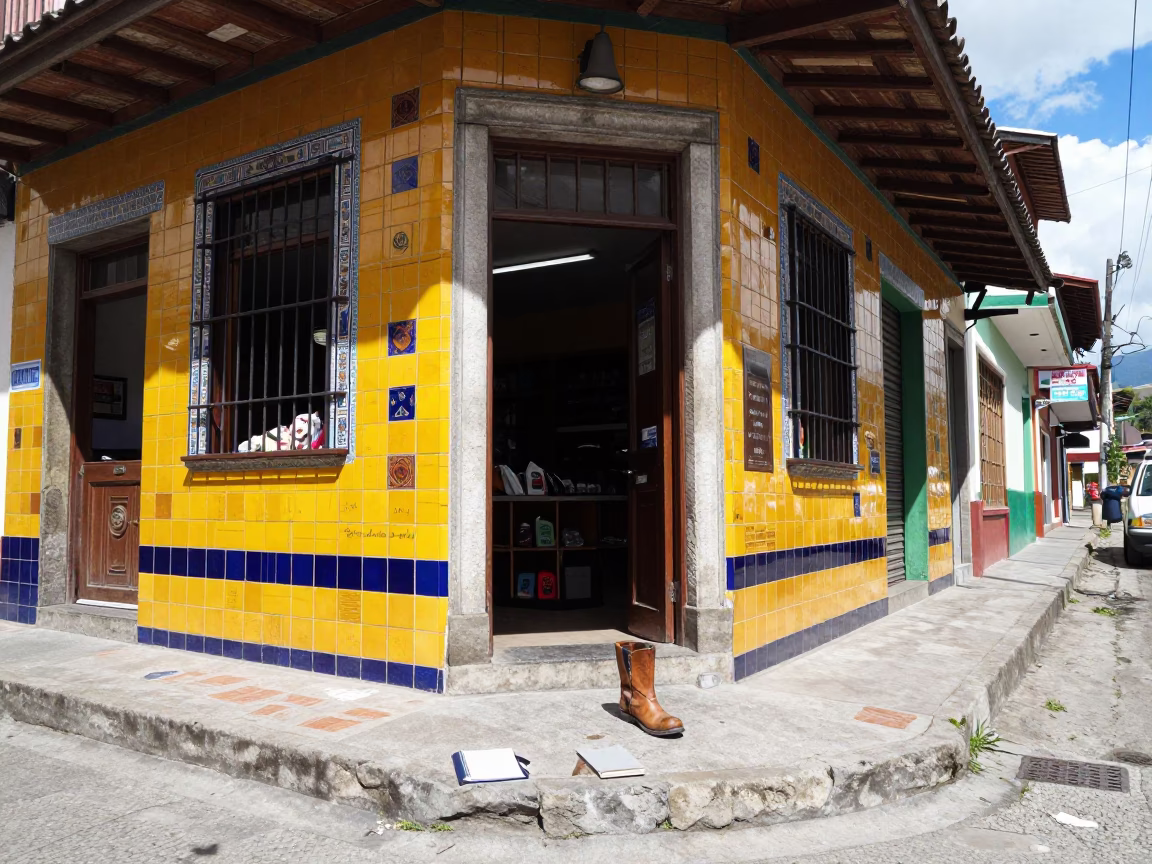 Colorful Midmorning Street Scene in Medellin Colombia with Notebook and Boot Scraper in in Medellin, Colombia