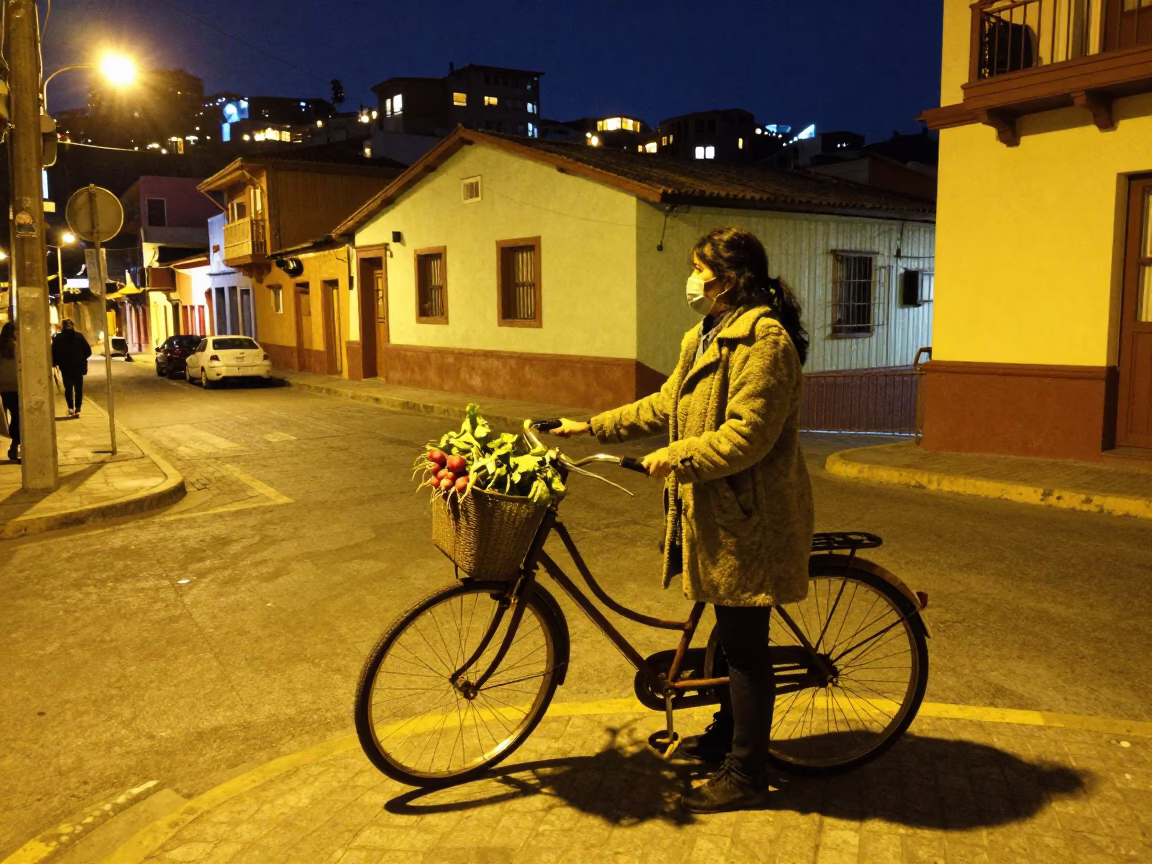 Colorful Midnight Street Scene in Valparaiso Chile with Bicycle Basket and Pintxos in in Valparaiso, Chile