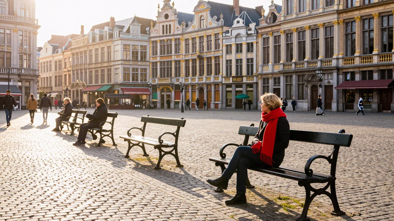 Colorful Morning Commute in Brussels Belgium with Scarf and Park Bench in in Brussels, Belgium