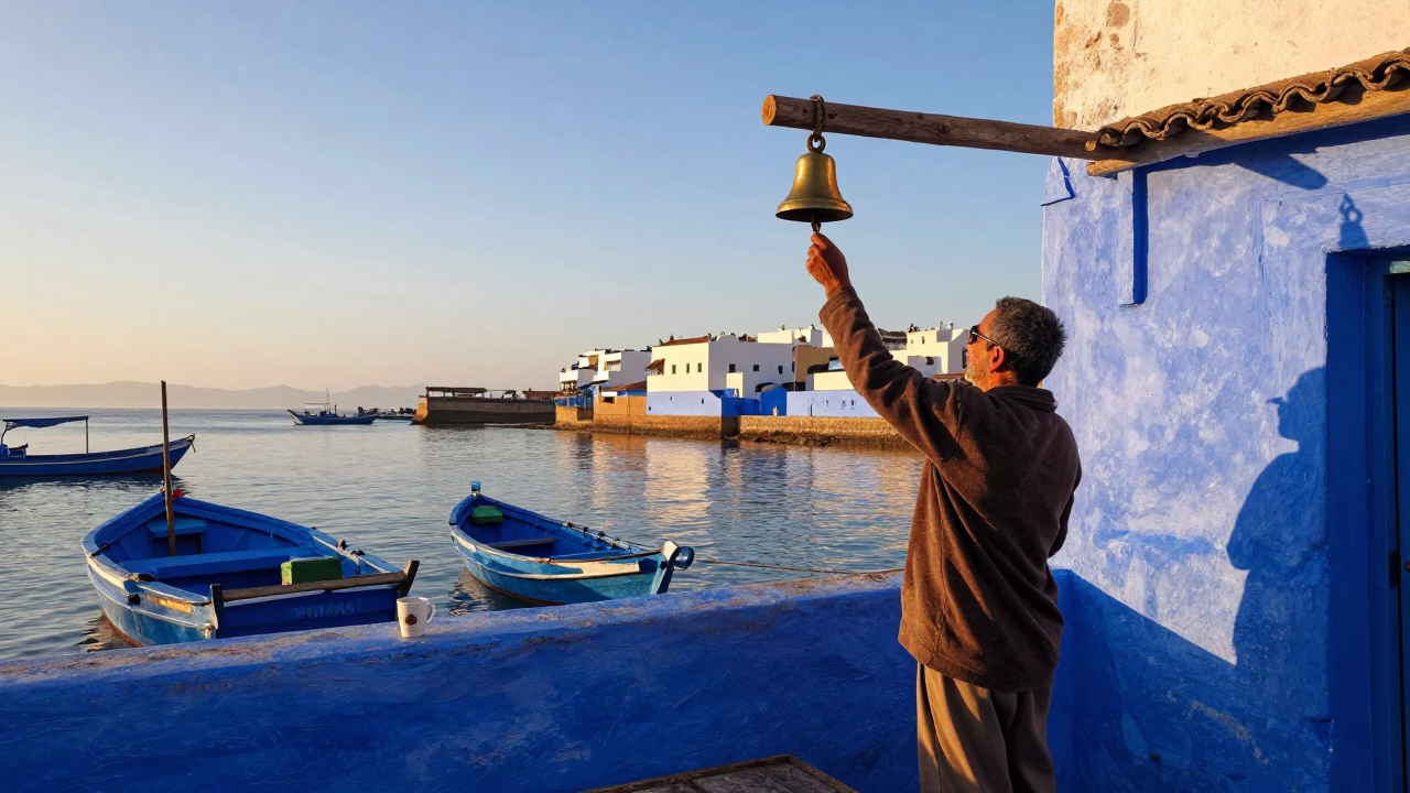 Colorful Morning in Essaouira Morocco Fishing Harbor with Bell and Coffee in in Essaouira, Morocco