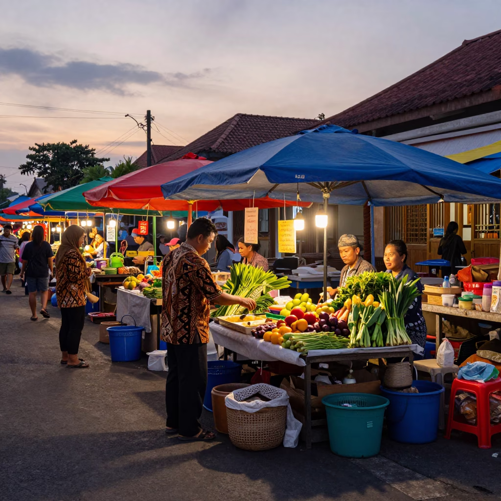 Colorful Morning Market Scene in Denpasar Indonesia Before Dawn in in Denpasar, Indonesia