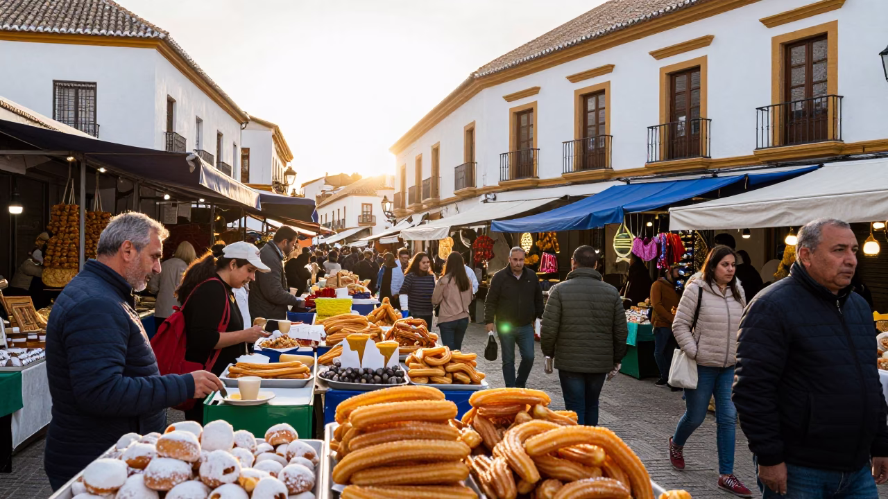 Colorful Morning Market Scene in Granada Spain with Churros and Dulce de Leche in in Granada, Spain