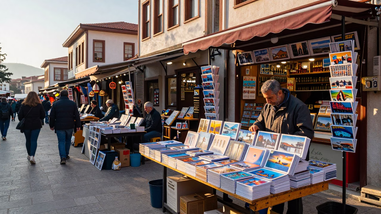 Colorful Morning Market Scene in Izmir Turkey with Postcards and Tea in in Izmir, Turkey