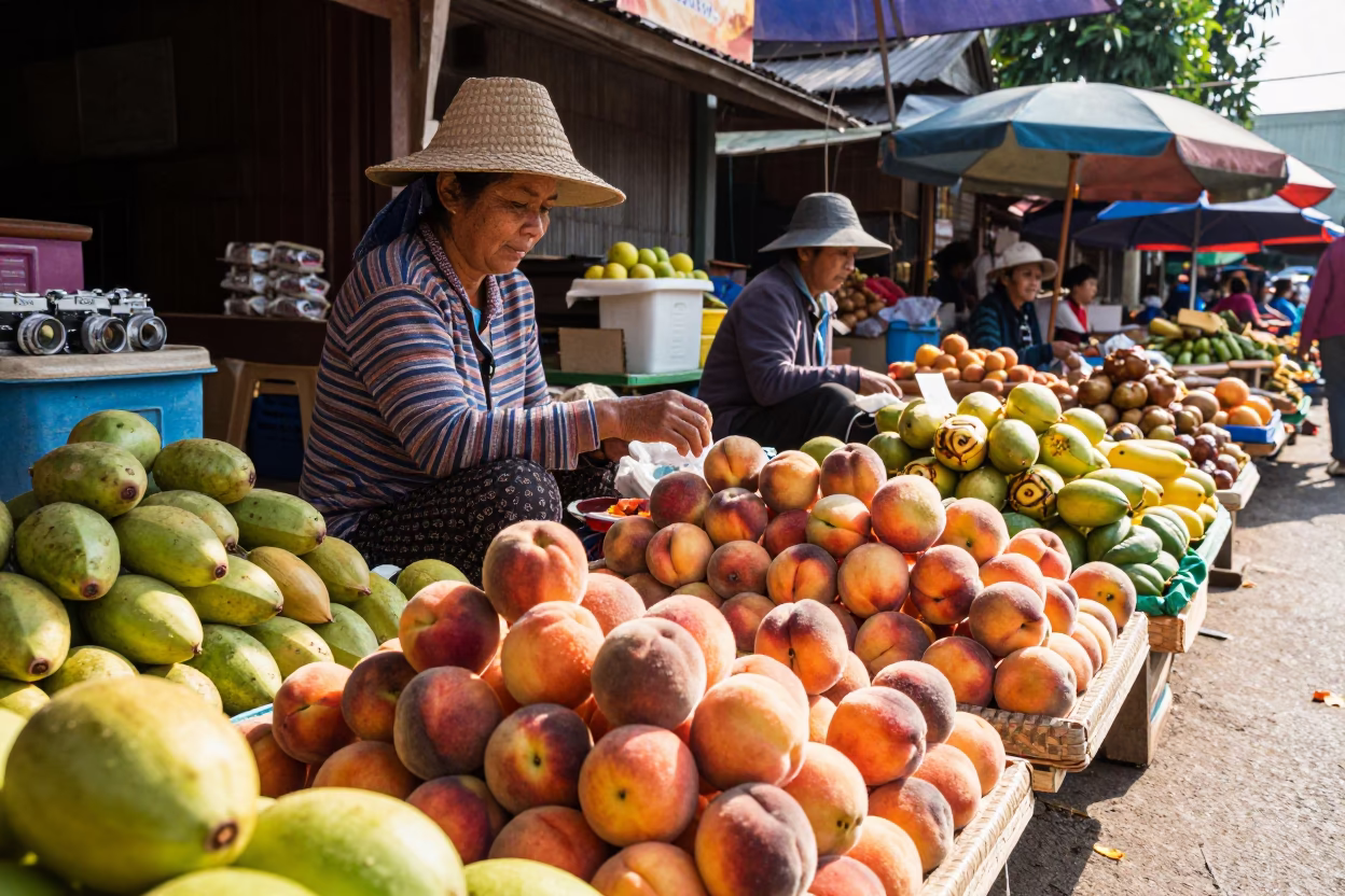 Colorful Morning Market Scene in Luang Prabang Laos with Fresh Peaches and Local Vendors in in Luang Prabang, Laos