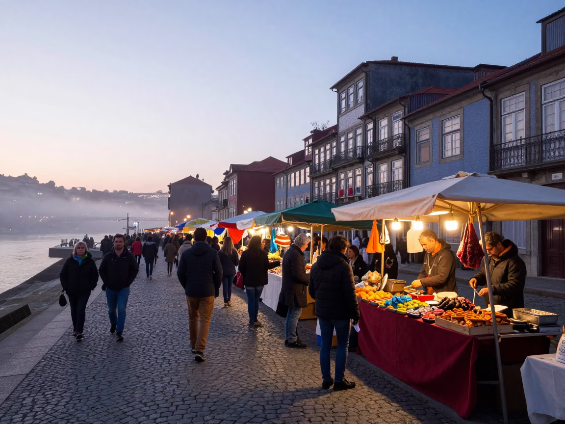 Colorful Morning Market Scene in Porto Portugal Before Sunrise in in Porto, Portugal