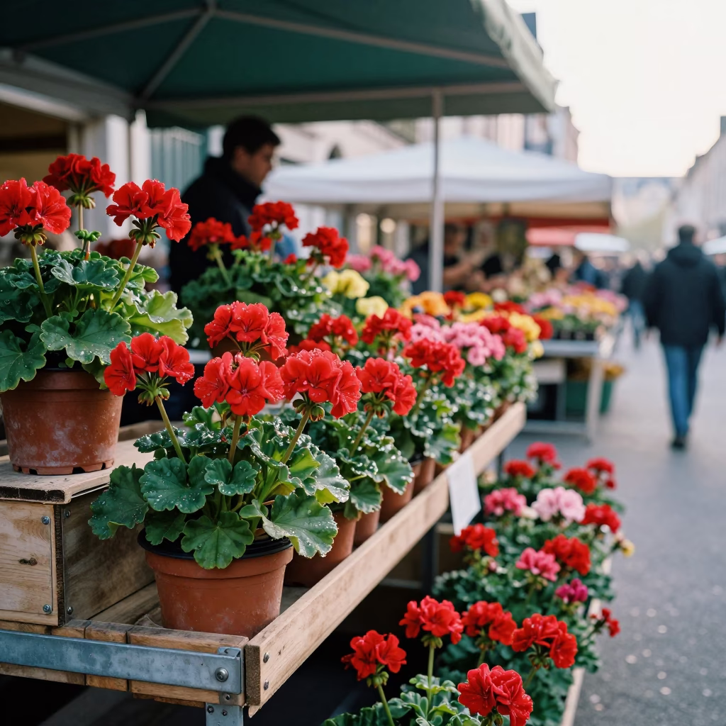 Colorful Morning Market Stall in Nice with Geraniums and Metal Buckets in in Nice, France