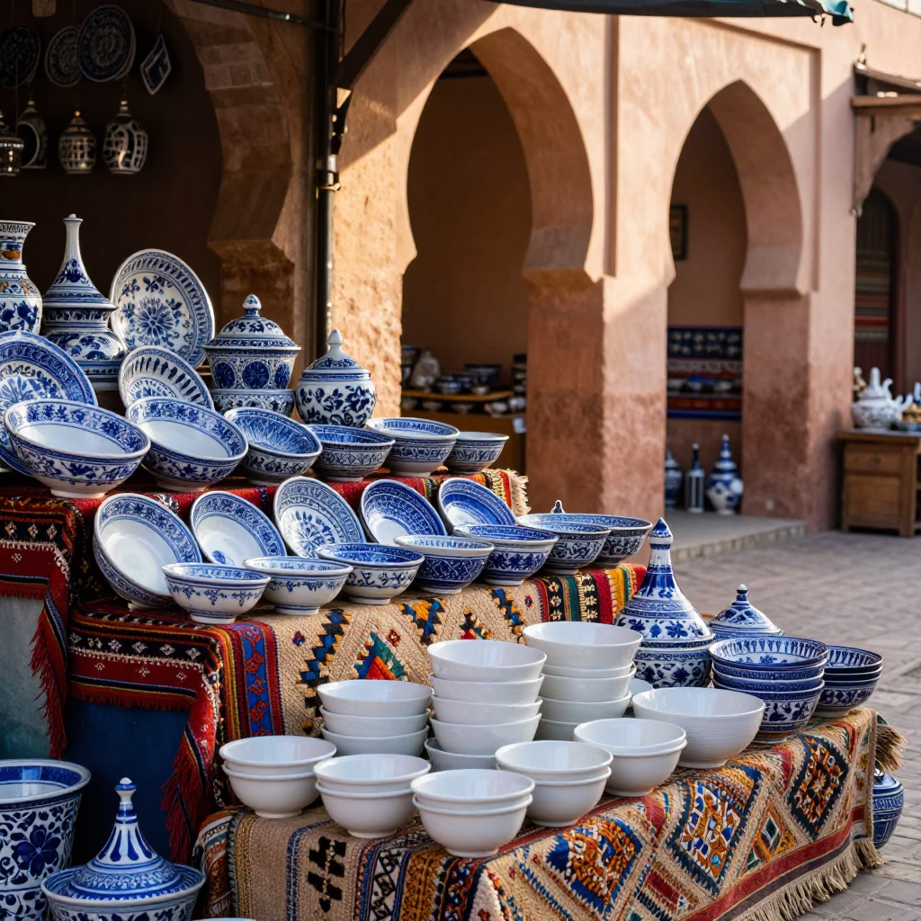 Colorful Morning Souk Stall with Blue Porcelain Bowl in Marrakech Morocco Just After Sunrise in in Marrakech, Morocco