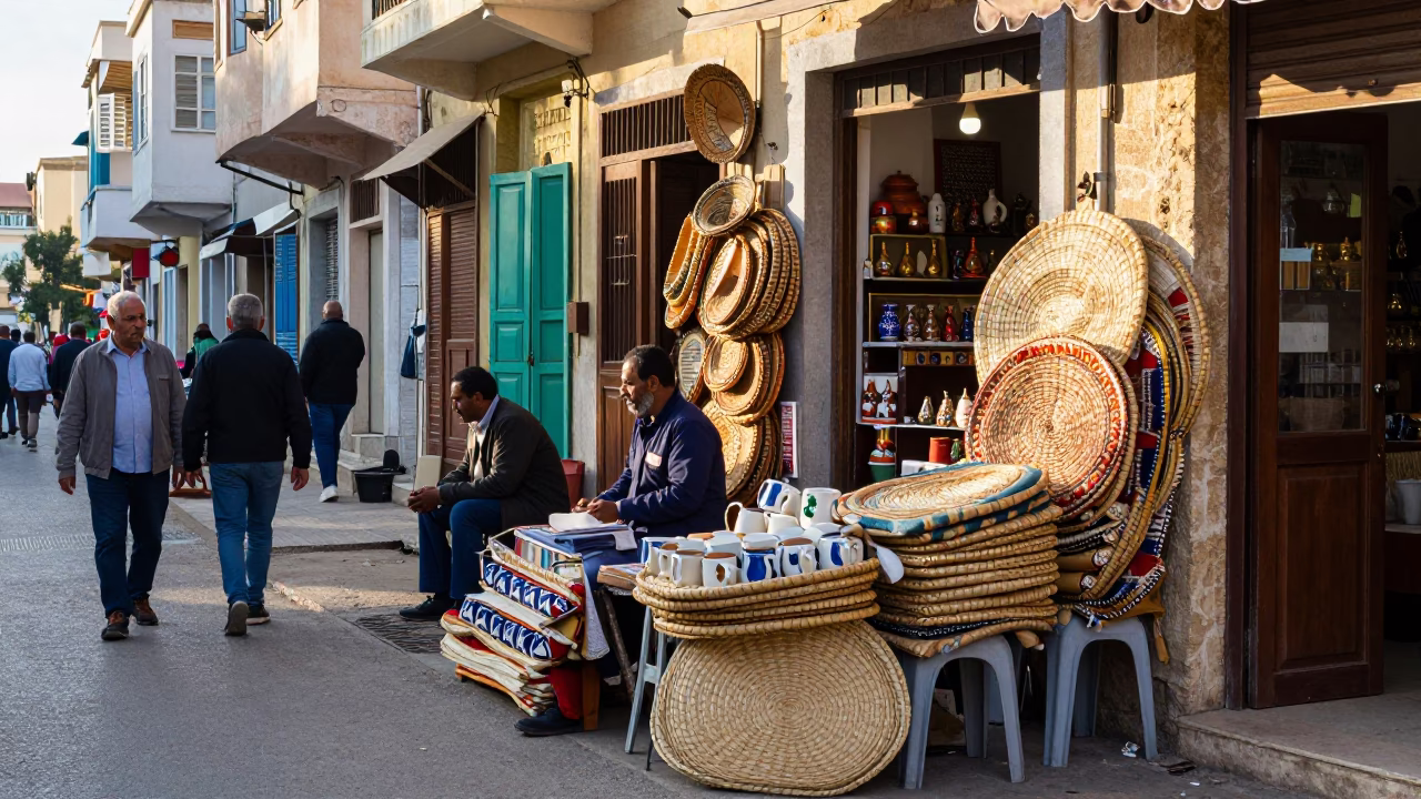 Colorful Morning Street Scene in Alexandria Egypt with Ceramic Mugs and Woven Mats in in Alexandria, Egypt