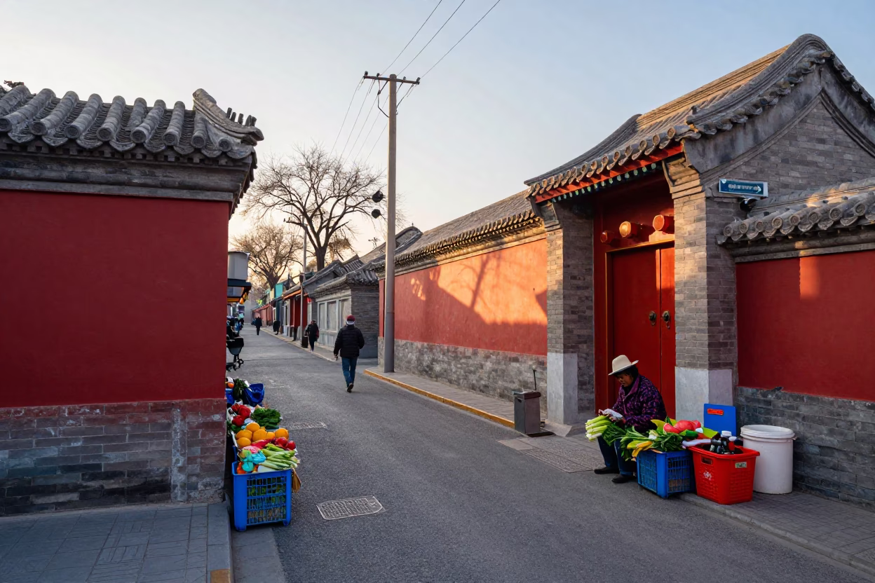 Colorful Morning Street Scene in Beijing China with Vintage 1960s Aesthetic and Local Life in in Beijing, China